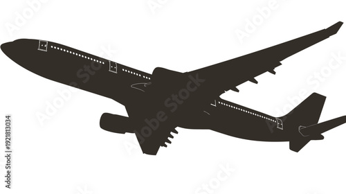 Passenger airplane black silhouette isolated on white, commercial jet aircraft taking off or in flight, vector graphic for travel and aviation design