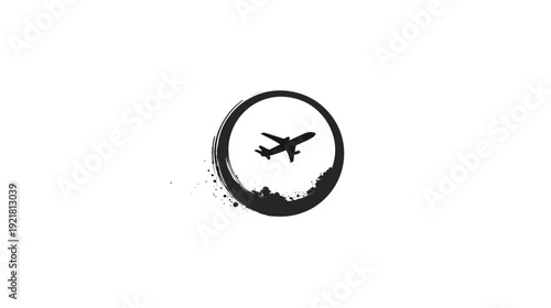 Stylized airplane silhouette flying over dark abstract grunge circle. Travel, aviation, journey concept on white background.