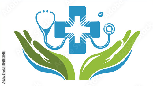 Healthcare support graphic illustration depicting green hands holding a blue medical cross and stethoscope. Health, wellness, and care concept.