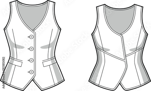 Two White and Gray Vest with Buttons and Straps Shown from Front and Back Views