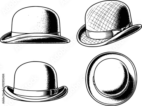 Black And White Of A Bowler Hat From Different Angles derby vintage