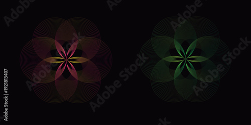 Vibrant symmetrical patterns in red yellow and green on dark background