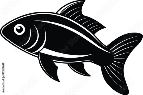 A sleek black and white illustration of a swimming fish