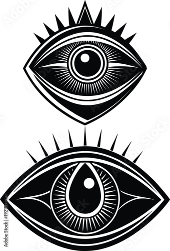 Mysterious dual all-seeing eyes with intricate eyelashes and bold outlines