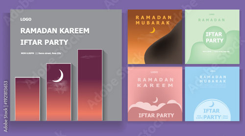 Ramadan iftar party invitation banner, set of templates, portrait social media post design, vector illustration background