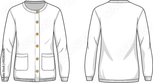 White cardigan with brown buttons and two pockets on front view and back view