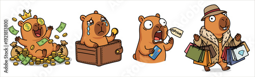Capybara character set in various financial situations wealth poverty shopping and inflation concept of money success and crisis vector stickers in flat cartoon style isolated on white