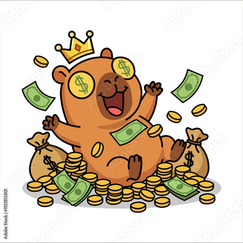 Wealthy capybara king wearing crown sitting on pile of gold coins and money bags celebrating success financial prosperity jackpot investment profit and riches in cartoon style on white.