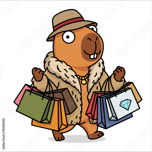 Rich stylish capybara wearing hat and fur coat walking with many shopping bags concept of successful retail therapy consumption luxury lifestyle fashion and spending money in cartoon style