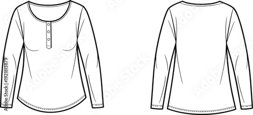 White long-sleeved blouse with button placket and curved hemline shown from front and back views