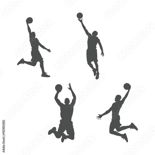 Four silhouette basketball players in action poses jumping and shooting, editable, isolated on white background. 