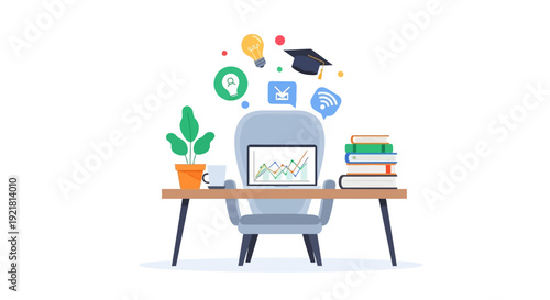 E-learning, Remote Work, and Home Office Concept. Desk with laptop, stack of books, and floating education icons (lightbulb, graduation cap, Wi-Fi).