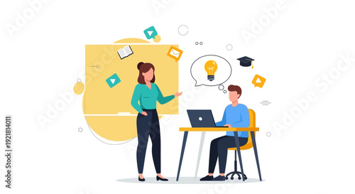 Professional Mentorship and E-Learning Concept. Teacher Guiding Student with Idea Lightbulb for Online Education and Training.