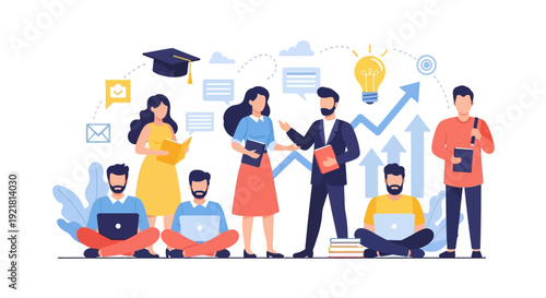 Online Education and Business Training Vector Illustration: Team Collaboration, Skill Development, Mentorship, and Professional Growth