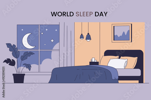 World sleep day concept, cozy bedroom interior at night, big window with a moon and stars outside