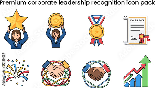 Premium corporate leadership recognition icon pack with star, medal, certificate, and handshake