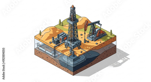 Isometric oil drilling rig on sandy terrain with industrial equipment and machinery