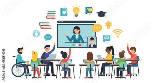 E-learning and Remote Education: Diverse Student Group in Virtual Classroom Video Conference