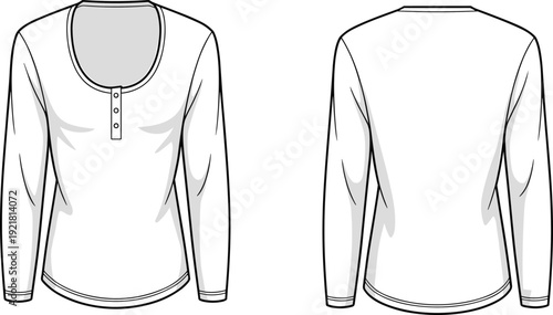 White long-sleeved shirt with button placket and cuffs shown from front and back view