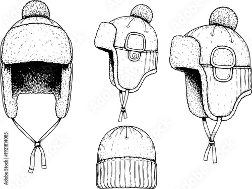 Hand drawn of winter ushanka hats and beanie shown from multiple angles cold