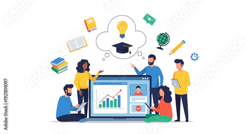 Wallpaper Mural Online Learning, E-learning and Business Teamwork Illustration. Flat vector of people collaborating remotely, analyzing data and sharing knowledge. Torontodigital.ca