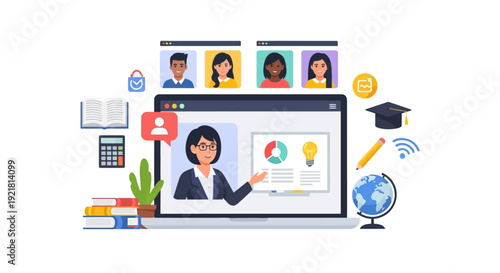 Online Education Video Conference. Virtual Classroom E-learning Webinar with Female Teacher, Diverse Students, and Digital Study Tools on Laptop.