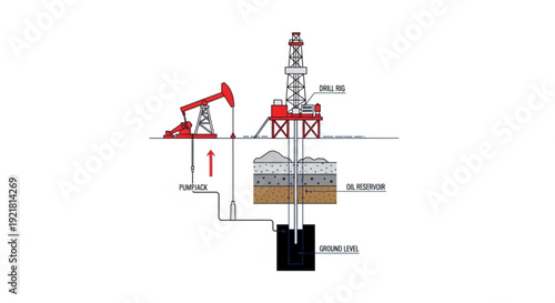 Detailed diagram of an oil rig with labeled components showing drilling and extraction process in a industrial setting