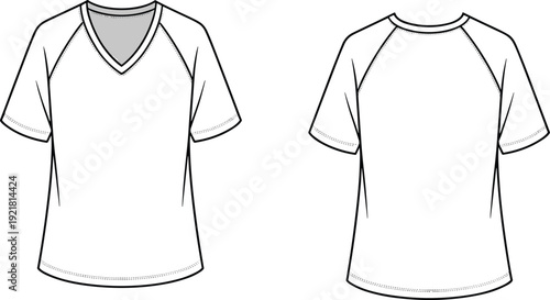 White V-neck T-shirt with Raglan Sleeves and Contrast Stitching Front and Back View