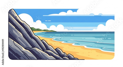 Serene beach scene with rocky shoreline sandy beach and calm ocean waves under a bright blue sky with fluffy white clouds