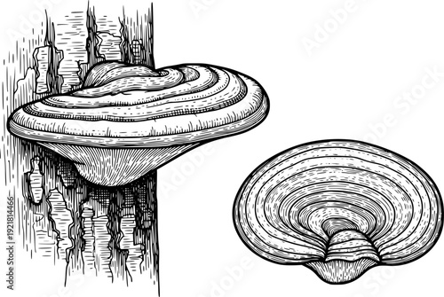 Vintage Woodcut Style of Shelf Fungi Growing Tree Bark and Isolated fungus mushroom
