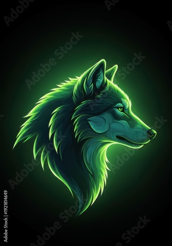 Abstract digital illustration of a stylized wolf profile glowing intensely with deep emerald and lime green hues, representing untamed wilderness, wolf, graphic, muzzle
