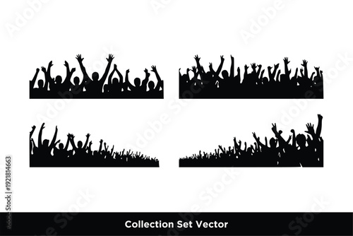 Close Up Silhouette of Cheering Crowd with Raised Hands Silhouettes for Concert and Event Backgrounds