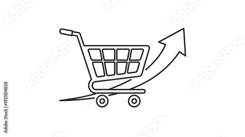 Shopping Cart with Upward Arrow in Simple Line Art Style with Minimalistic Design and White Background for E-commerce Icon