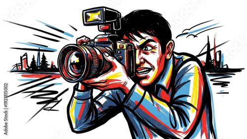 Man taking a photo with a professional camera and flash.