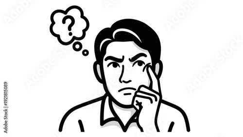 Man thinking with question mark in thought bubble.