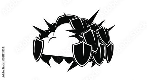 black and white illustration of shield icons forming a circle with spikes