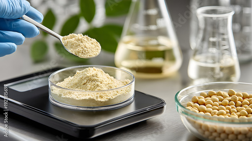 Soy protein powder measurement in laboratory setting, plant-based ingredient weighing on digital scale, food science quality control, vegan nutrition and supplement research concept.