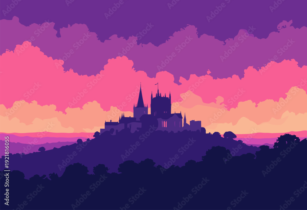 Fototapeta premium Lincoln Cathedral sitting high hill, dominating flat landscape dramatic longdistance silhouette against violet sky
