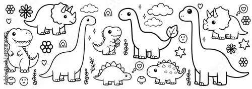 Set of cute dinosaurs. Vector illustration. Perfect for print, coloring book, greeting card