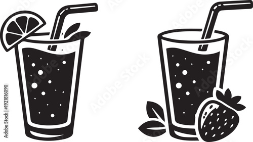 Refreshing Summer Drinks Icons with Lemon and Strawberry