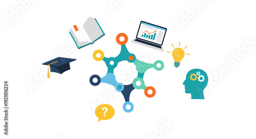 Knowledge Network Connecting Education, Data Analysis, Technology, Innovation, and Cognitive Thinking Process Illustration.