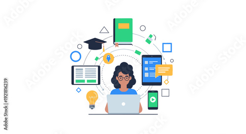 Modern E-Learning and Digital Education Concept. Female student using laptop, surrounded by knowledge and technology icons for remote study.