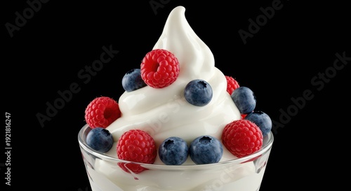 Creamy white frozen yogurt swirl piled high in a glass bowl, garnished intensely with vibrant fresh mixed summer berries like raspberries and blueberries, indulgence, natural, organic