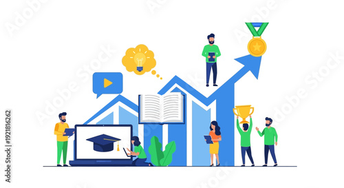 Online Learning Success and Career Growth Vector. Education achievement, professional development, and knowledge acquisition illustrated with a rising graph, diploma, and trophy.