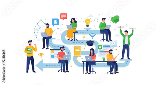 Digital Learning Path: Online Education, E-learning, and Remote Study Concept. Group of Students Achieving Academic Goals via Technology.