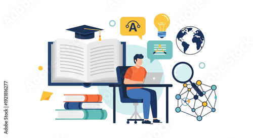 Digital Education and E-Learning Concept. Student uses a laptop for remote studying, knowledge acquisition, and scientific research surrounded by educational symbols.