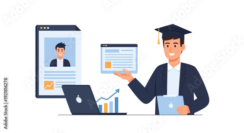 E-learning Graduate in Cap Analyzing Career Success Data. Online Education, Professional Development, and Academic Achievement Vector Illustration.