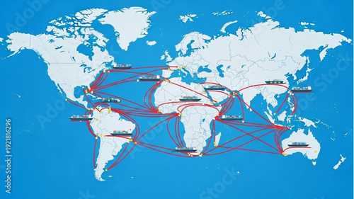 World map showing global shipping routes and trade connections.