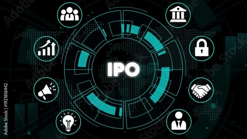 Initial Public Offering I P O Concept with Business and Infographic on Dark Background stock market finance
