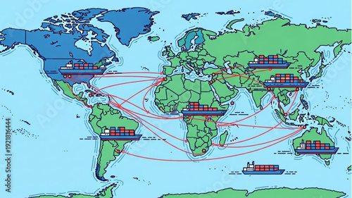 Global shipping routes connecting continents with cargo ships.
